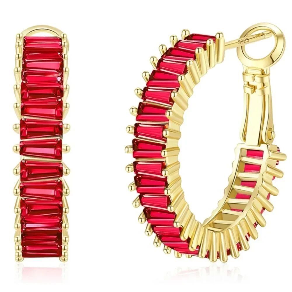 14K Yellow Gold with Ruby Red Cubic Zirconia Drop Hoop Leverback Earrings